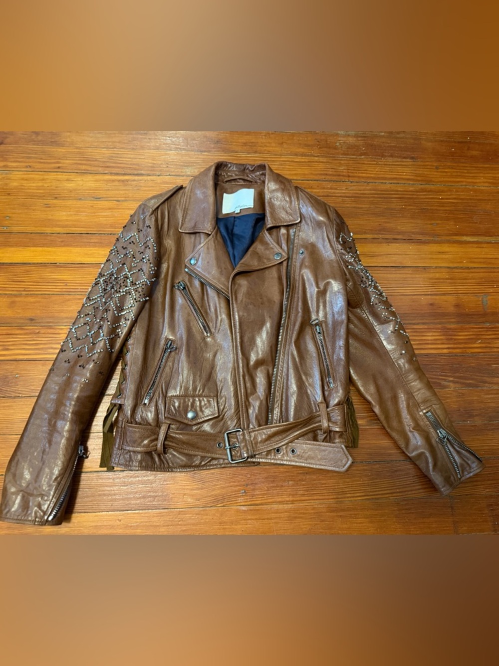 Authentic 3.1 Phillip Lim Brown Genuine Lamb Leather Crystal Sleeve Moto Jacket